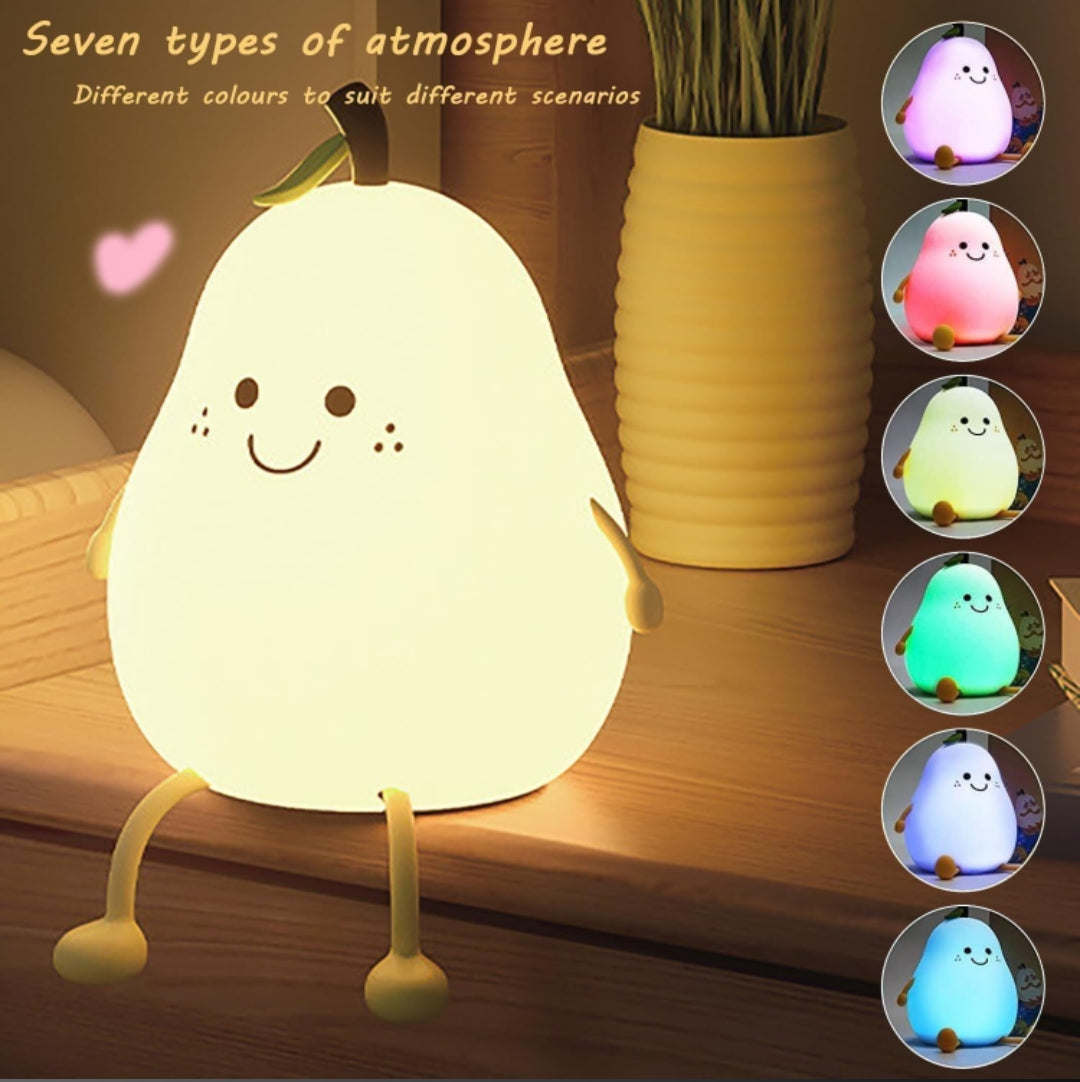 Cute Pear Night Light for Kids Bedroom,7 Colors LED Rechargeable Pear Lamp