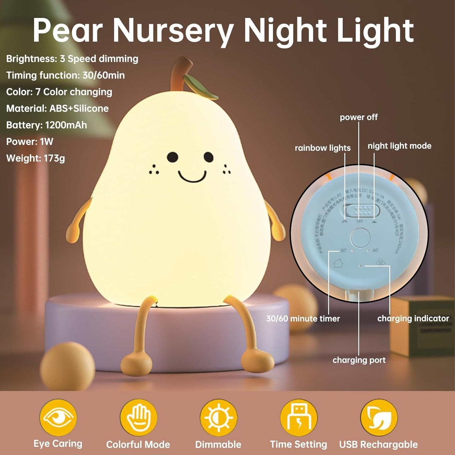 Cute Pear Night Light for Kids Bedroom,7 Colors LED Rechargeable Pear Lamp